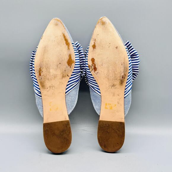J Crew Sandals Womens 8.5 Blue White Stripes Mules Bow Pointed Toe Slides Flat - Picture 10 of 12